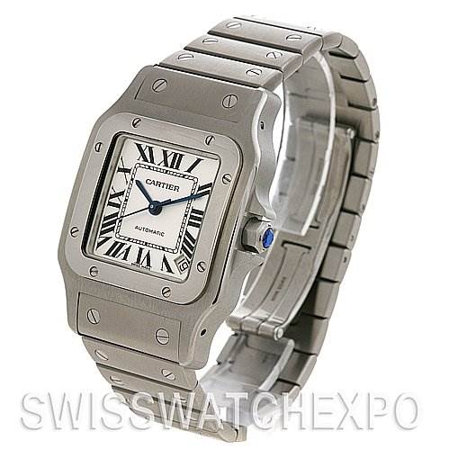 The image shows a side-angle view of a Cartier Santos W20098D6 Stainless Steel Silver Dial W20098D6 Stainless Steel Silver Dial watch, displaying the watch face, bezel, bracelet, and crown with blue cabochon.