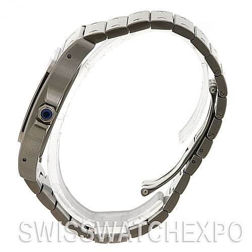 The image shows a side profile view of a Cartier Santos W20098D6 Stainless Steel Silver Dial W20098D6 Stainless Steel Silver Dial watch, highlighting the bracelet and crown.