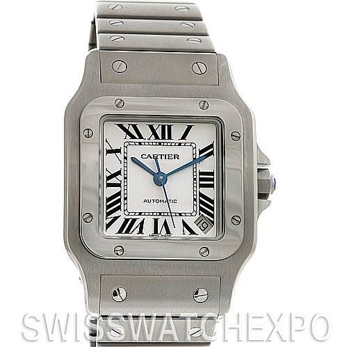 The image shows a front view of a Cartier Santos W20098D6 Stainless Steel Silver Dial W20098D6 Stainless Steel Silver Dial watch, displaying its face, bezel, and bracelet.