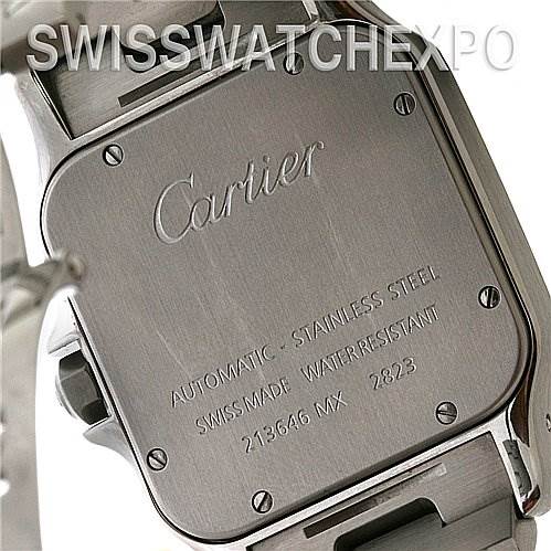 This image shows the back case of the Cartier Santos W20098D6 Stainless Steel Silver Dial W20098D6 Stainless Steel Silver Dial watch, featuring engravings about its specifications.