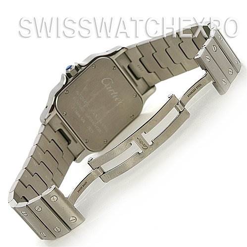 The image shows the back view of a Cartier Santos W20098D6 Stainless Steel Silver Dial W20098D6 Stainless Steel Silver Dial watch, focusing on the bracelet and clasp mechanism.