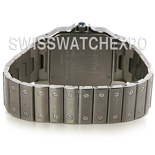 This image shows a rear view of the stainless steel bracelet of a Santos model by Cartier.