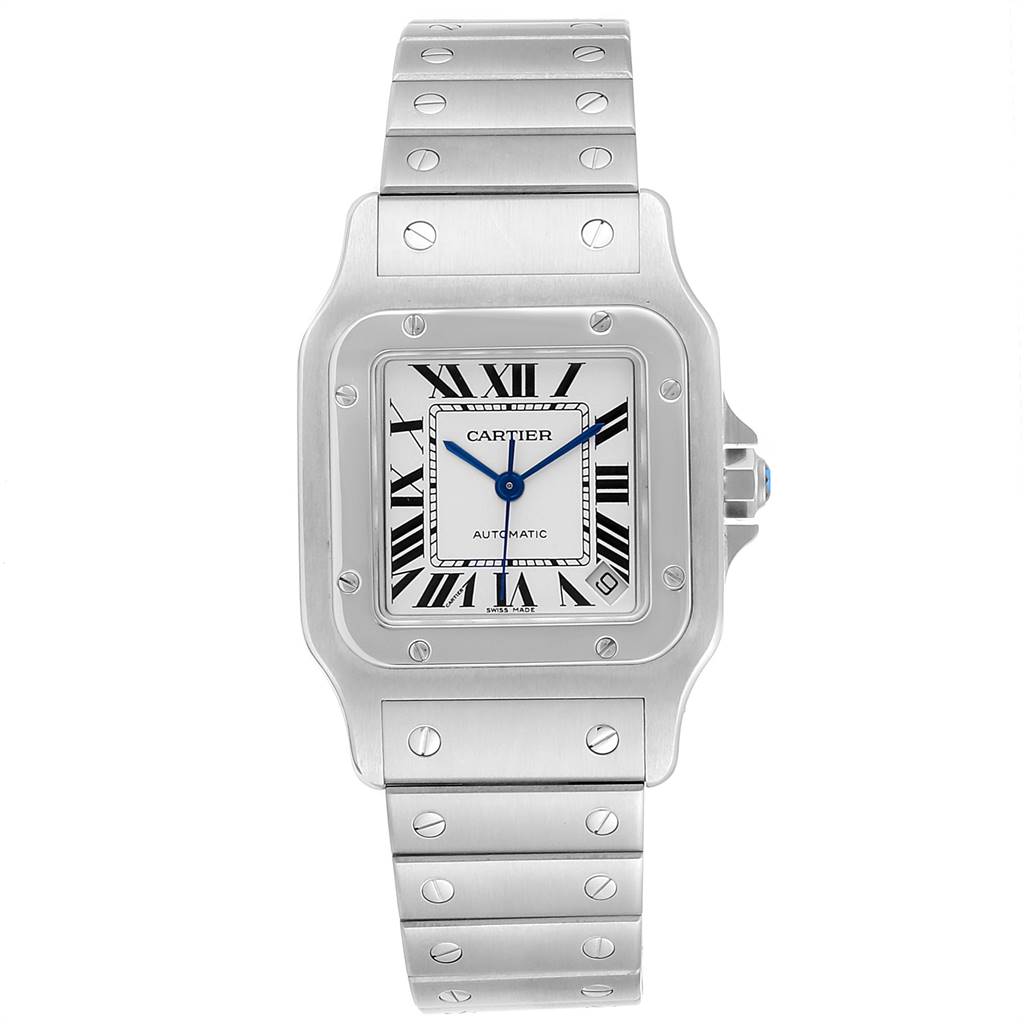 This image shows a front view of the Cartier Santos W20098D6 Stainless Steel Silver Dial W20098D6 Stainless Steel Silver Dial watch, displaying the dial, bezel, and bracelet.