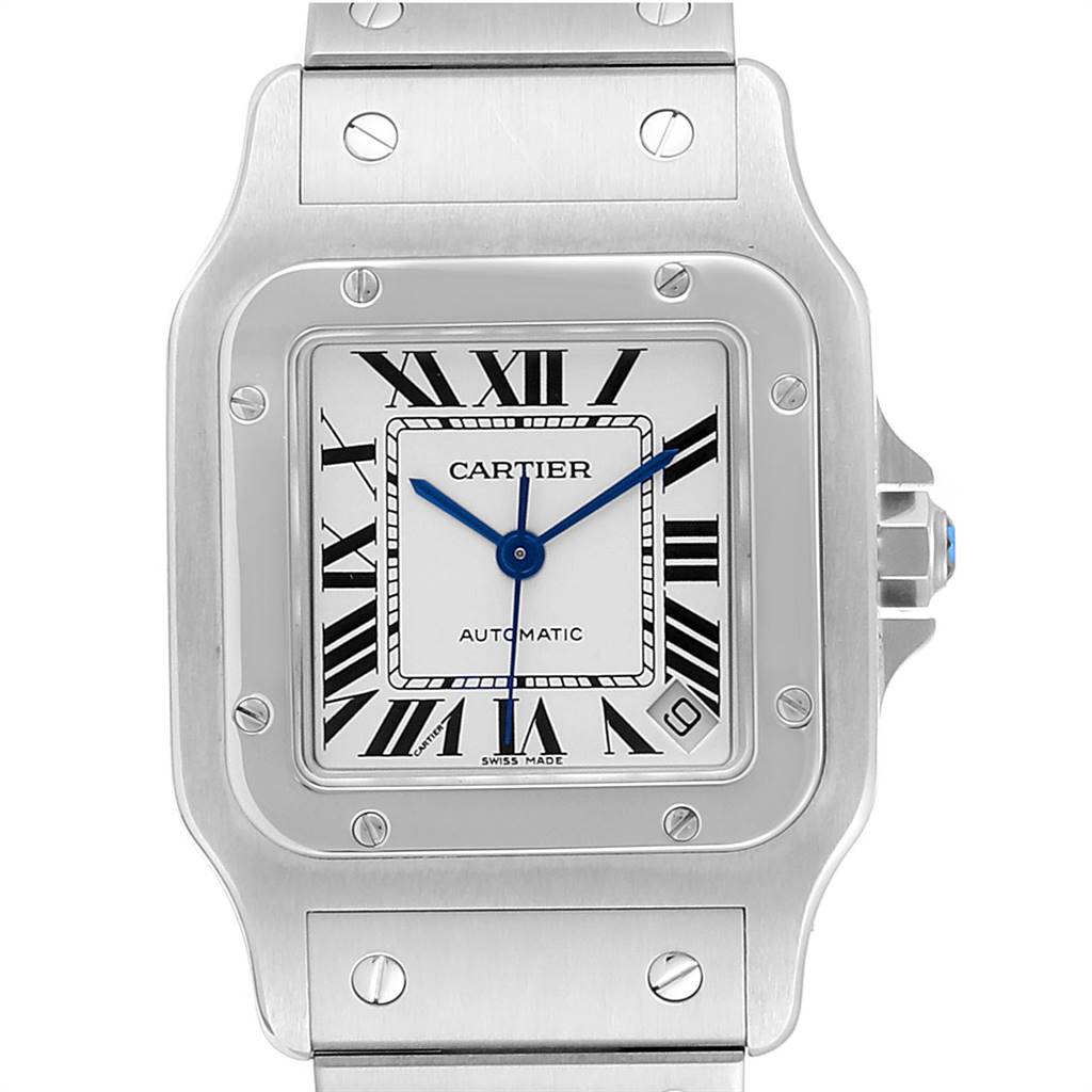 The image shows a front view of the Cartier Santos W20098D6 Stainless Steel Silver Dial W20098D6 Stainless Steel Silver Dial watch, highlighting its dial, hands, and part of the bracelet.