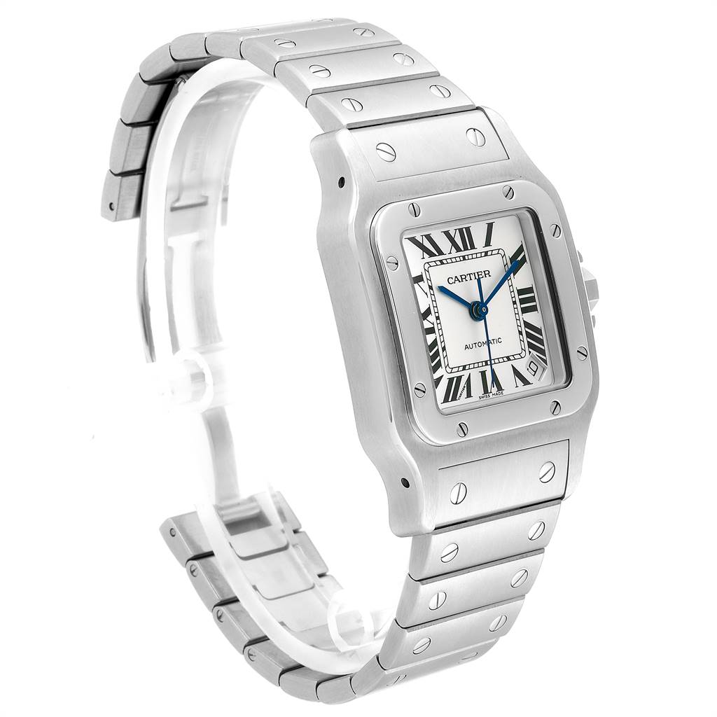 The Cartier Santos W20098D6 Stainless Steel Silver Dial W20098D6 Stainless Steel Silver Dial watch is shown at a three-quarter angle, highlighting the face, bezel, and bracelet with visible screws.