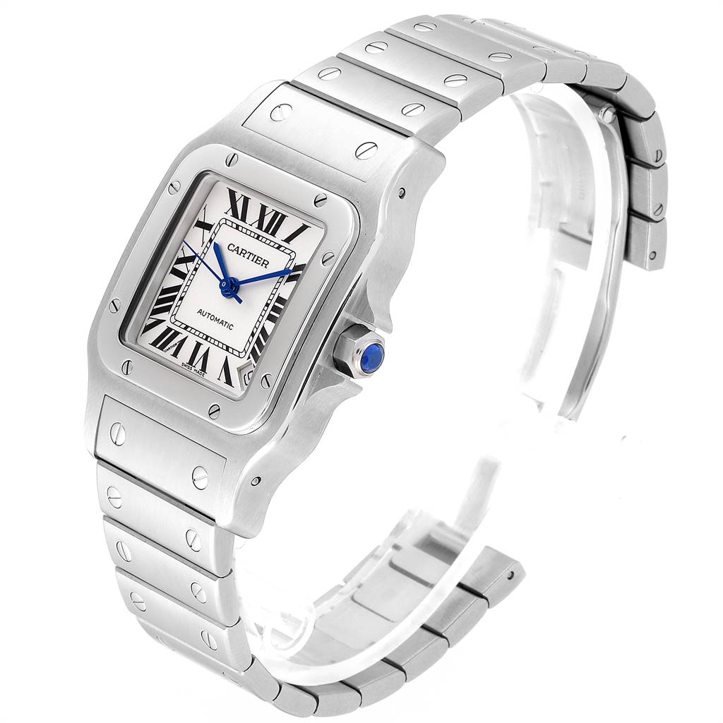 The Cartier Santos W20098D6 Stainless Steel Silver Dial W20098D6 Stainless Steel Silver Dial watch is shown at an angle, highlighting its face, bezel, and bracelet.