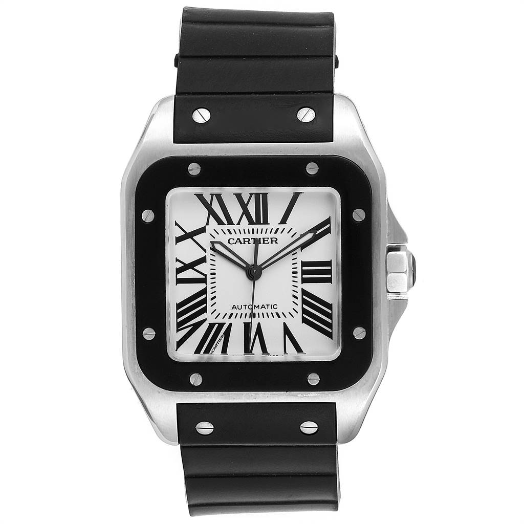 This image shows a front view of the Cartier Santos W20121U2 Men's Stainless Steel Silver Dial W20121U2 Men's Stainless Steel Silver Dial watch, displaying the dial, bezel, case, and part of the strap.