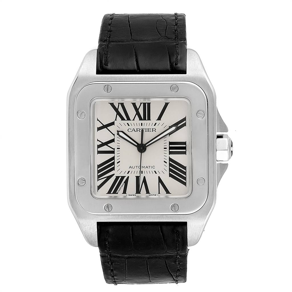 This image shows a front view of the Cartier Santos W20073X8 Men's Stainless Steel Silver Dial W20073X8 Men's Stainless Steel Silver Dial watch, featuring its square face, Roman numeral dial, and black leather strap.