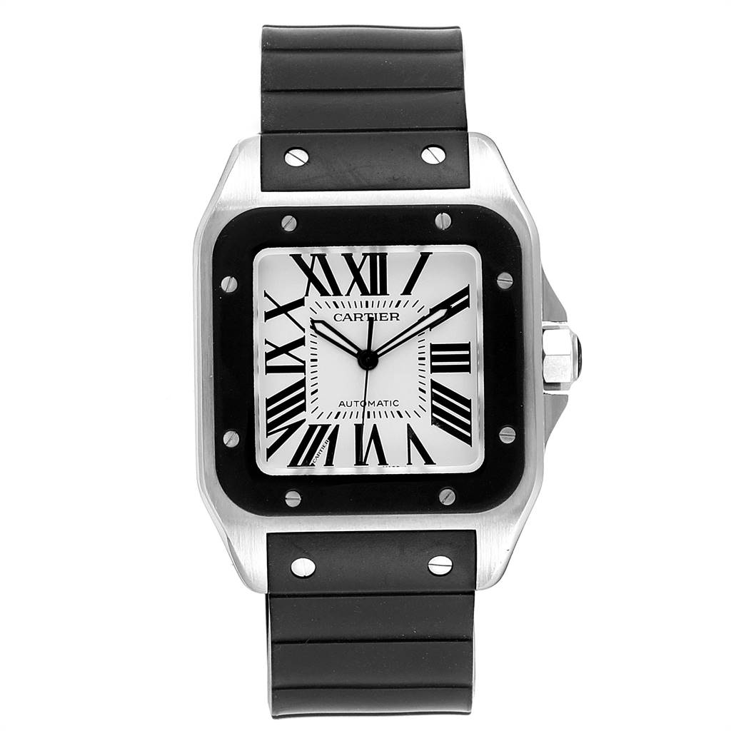 This image shows a front view of the Cartier Santos W20121U2 Men's Stainless Steel Silver Dial W20121U2 Men's Stainless Steel Silver Dial watch, featuring its face, bezel, and strap.