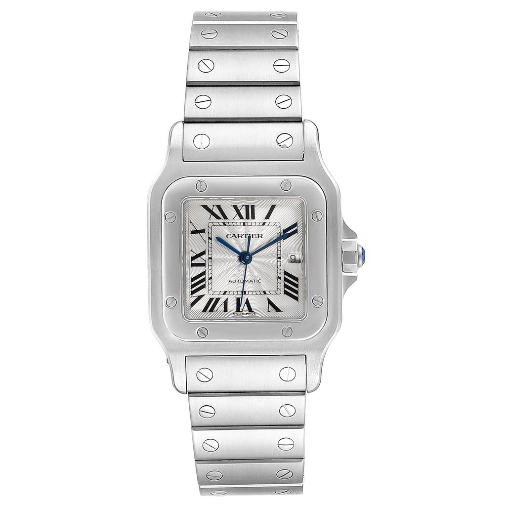 This image shows a front view of a Santos model by Cartier, displaying the watch face, bezel, and bracelet.