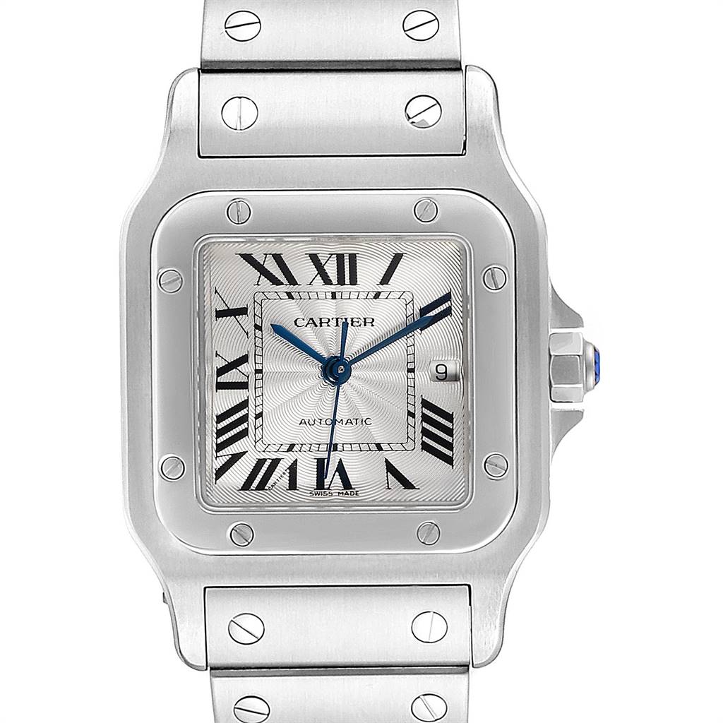 This image shows a front view of the Cartier Santos W20055D6 Men's Silver Dial W20055D6 Men's Silver Dial watch, highlighting its face, bezel, and part of the bracelet.
