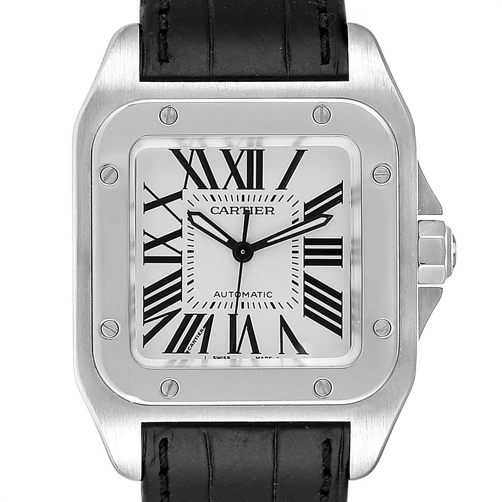 The image shows a frontal view of a Cartier Santos W20106X8 Men's Stainless Steel Silver Dial W20106X8 Men's Stainless Steel Silver Dial watch featuring its face, case, and part of its black leather strap.
