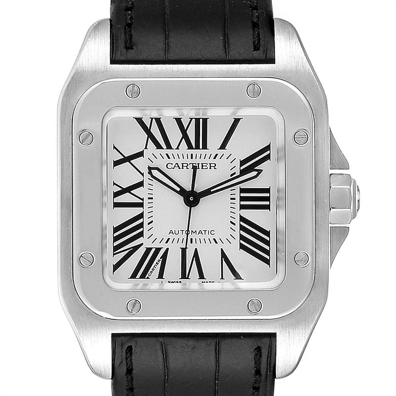 Cartier Santos 100 Steel Midsize Black Strap Mens Watch W20106X8 SwissWatchExpo