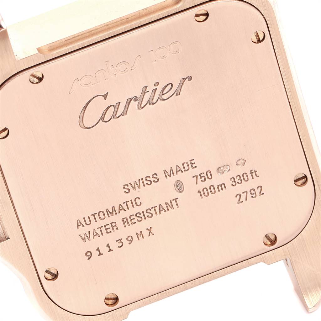 The image shows the case back of a Cartier Santos W20127Y1 Men's Rose Gold Brown Dial W20127Y1 Men's Rose Gold Brown Dial watch.