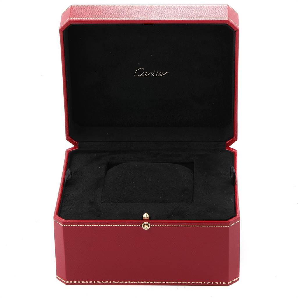 The image shows an open box for the Santos model by Cartier, viewed from the front with the lid open.