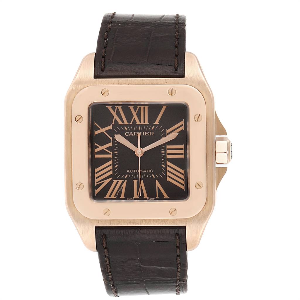 The image shows a Cartier Santos W20127Y1 Men's Rose Gold Brown Dial W20127Y1 Men's Rose Gold Brown Dial watch viewed from the front, highlighting its face, bezel, and leather strap.