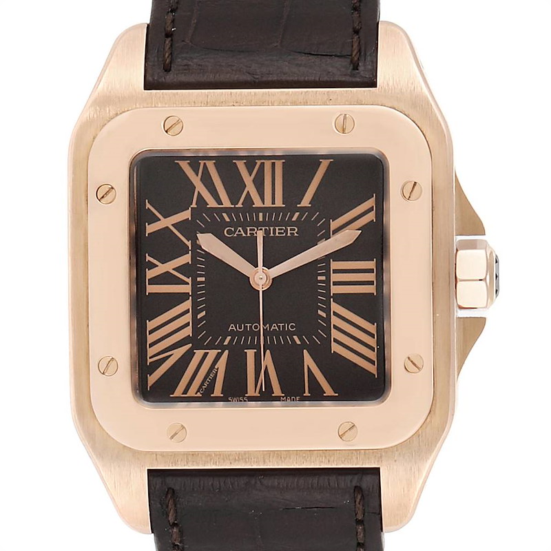 Cartier Santos 100 XL Rose Gold Chocolate Dial Mens Watch W20127Y1 SwissWatchExpo