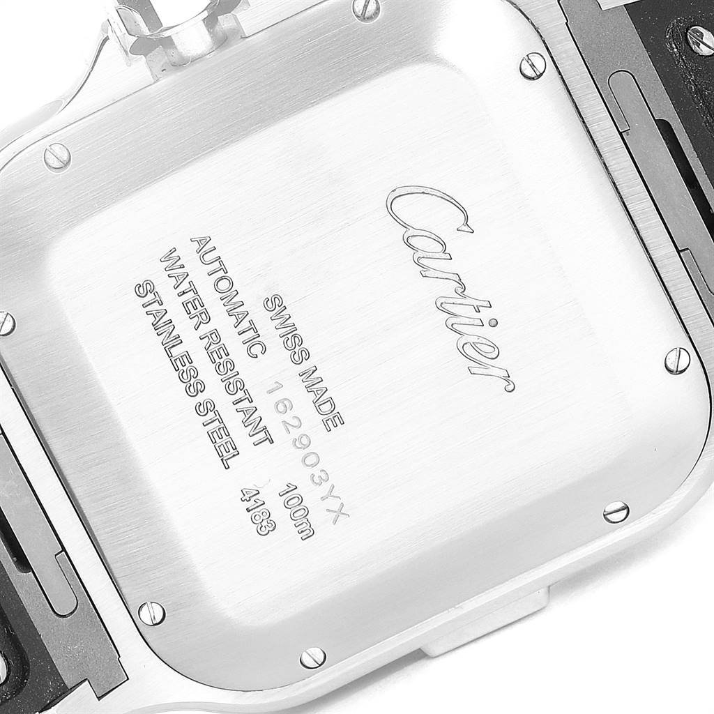 This image shows the engraved back case of a Cartier Santos WSSA0017 Men's Stainless Steel Silver Dial WSSA0017 Men's Stainless Steel Silver Dial watch at a slight angle.