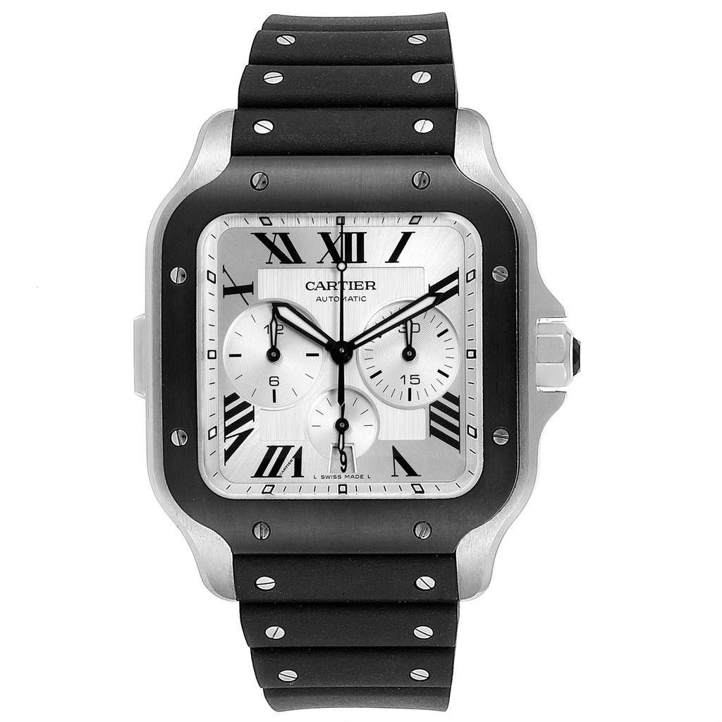 This image shows a front view of the Cartier Santos WSSA0017 Men's Stainless Steel Silver Dial WSSA0017 Men's Stainless Steel Silver Dial watch, featuring its face, bezel, and rubber strap.
