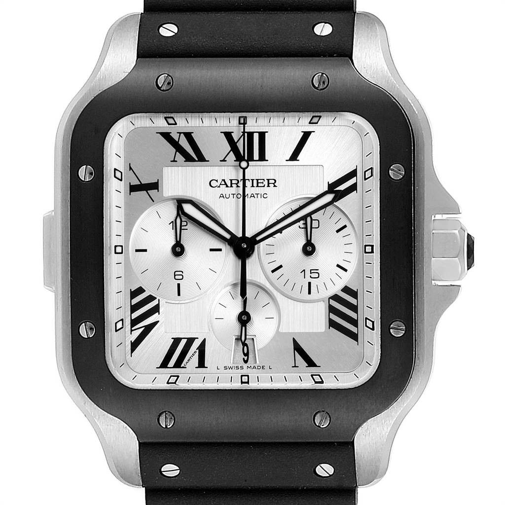 This image shows a front view of the Cartier Santos WSSA0017 Men's Stainless Steel Silver Dial WSSA0017 Men's Stainless Steel Silver Dial model watch, displaying its dial, hands, and bezel.