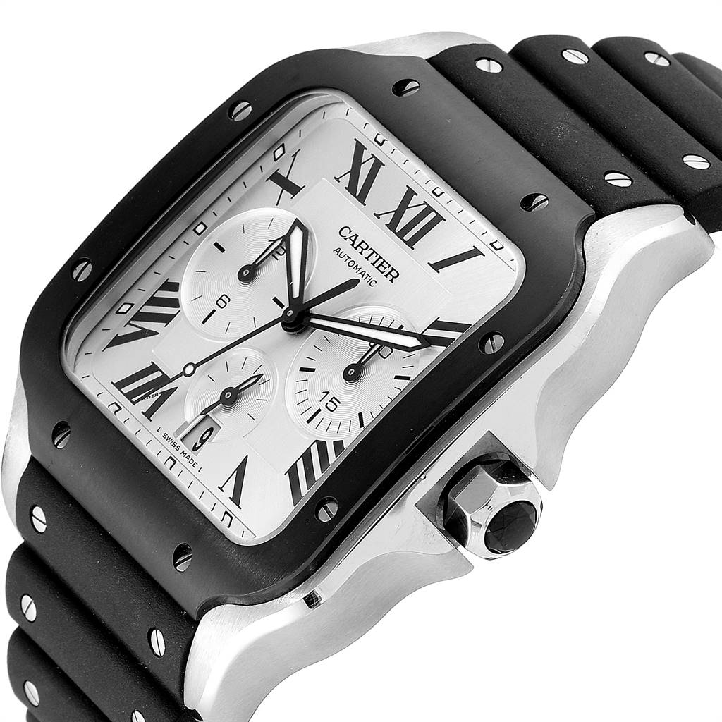 The image shows a close-up angle of the Cartier Santos WSSA0017 Men's Stainless Steel Silver Dial WSSA0017 Men's Stainless Steel Silver Dial watch, highlighting its face, bezel, and part of the strap.