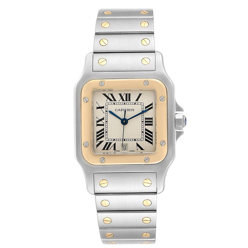 Front view of a Cartier Santos 15363 Stainless Steel Silver Dial 15363 Stainless Steel Silver Dial watch showing the face, bezel, strap, and Roman numerals.
