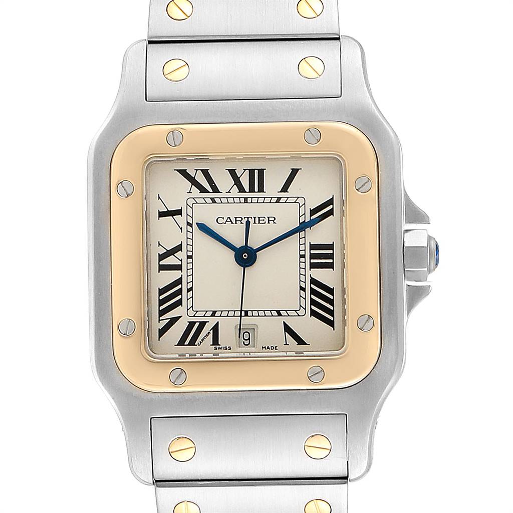 The image shows a close-up view of the dial, bezel, and part of the bracelet of the Cartier Santos 15363 Stainless Steel Silver Dial 15363 Stainless Steel Silver Dial watch.