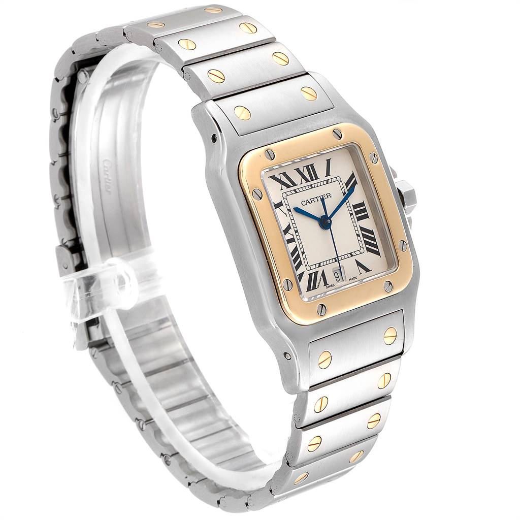 This image shows a Cartier Santos 15363 Stainless Steel Silver Dial 15363 Stainless Steel Silver Dial watch at a three-quarter angle, highlighting the face, bezel, and bracelet with visible screw details.