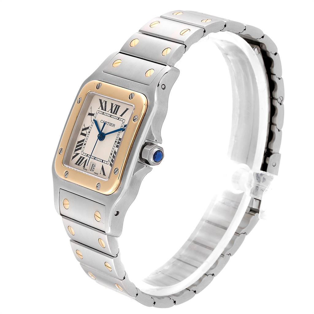 The Cartier Santos 15363 Stainless Steel Silver Dial 15363 Stainless Steel Silver Dial watch is shown at a slight angle, displaying its dial, bezel, crown, and integrated metal bracelet.