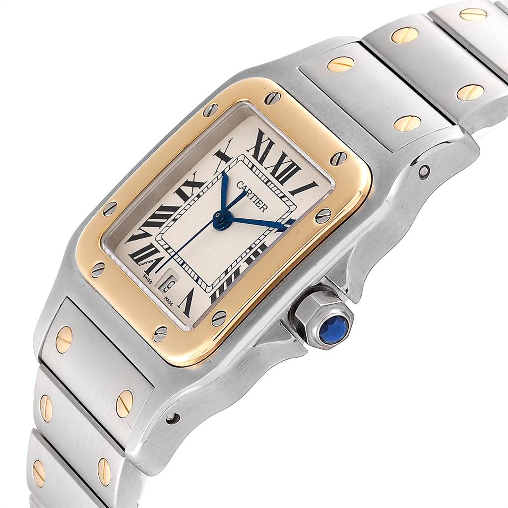 This image shows a close-up of the Cartier Santos 15363 Stainless Steel Silver Dial 15363 Stainless Steel Silver Dial model watch, highlighting its face, bezel, and part of its bracelet.