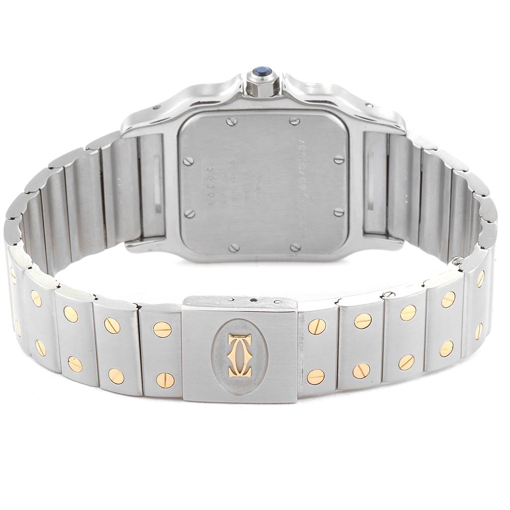 This image shows the back view and bracelet of a Cartier Santos 15363 Stainless Steel Silver Dial 15363 Stainless Steel Silver Dial watch.