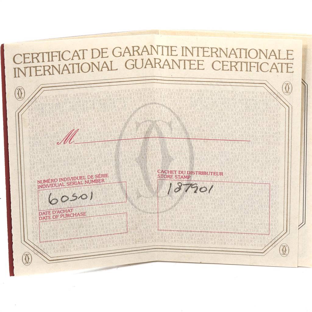The image shows an international guarantee certificate for a Cartier Santos 15363 Stainless Steel Silver Dial 15363 Stainless Steel Silver Dial model watch.