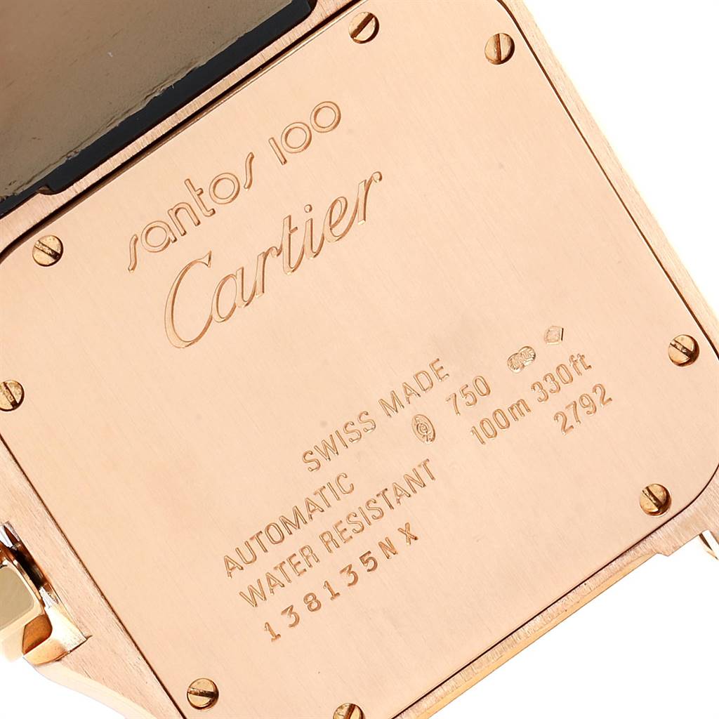 This image shows the case back of the Santos 100 watch by Cartier.