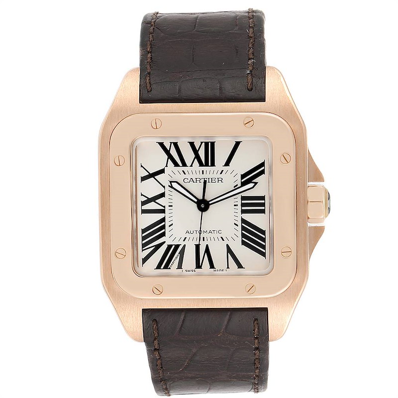 Cartier Santos 100 XL Rose Gold Silver Dial Mens Watch W20095Y1