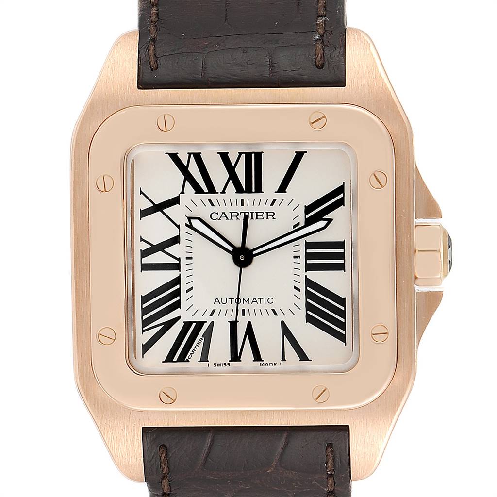 This image shows a front view of a Cartier Santos W20095Y1 Men's Rose Gold Silver Dial W20095Y1 Men's Rose Gold Silver Dial watch with a leather strap and a square face with Roman numerals.