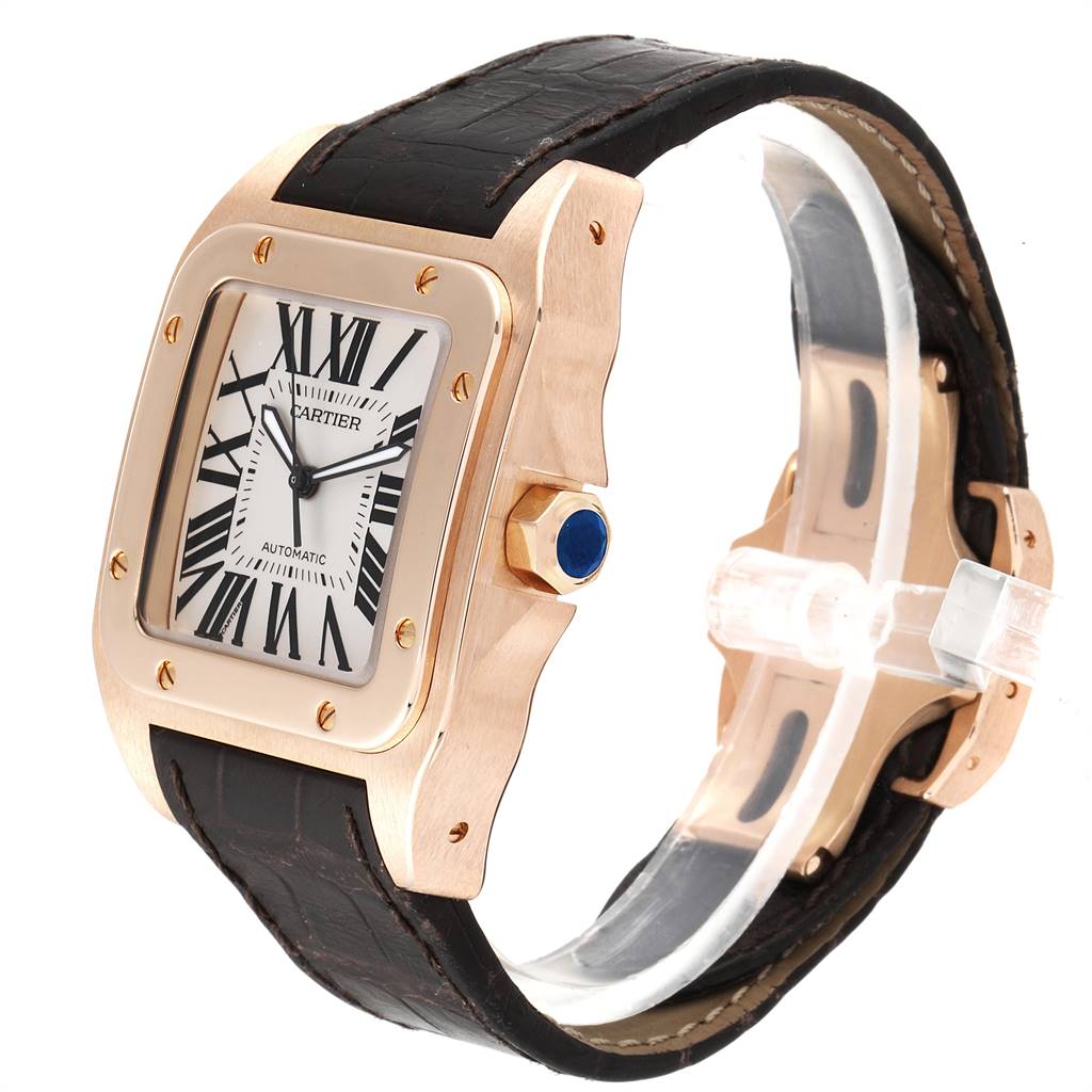 The image shows a Cartier Santos W20095Y1 Men's Rose Gold Silver Dial W20095Y1 Men's Rose Gold Silver Dial watch at a three-quarters angle, highlighting the bezel, crown, dial, and leather strap.