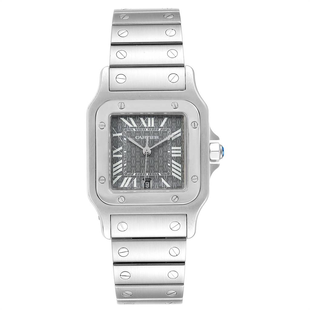 The image shows a front view of a Cartier Santos W20061D6 Stainless Steel Grey Dial W20061D6 Stainless Steel Grey Dial watch with a detailed look at its metallic bracelet and Roman numeral dial.