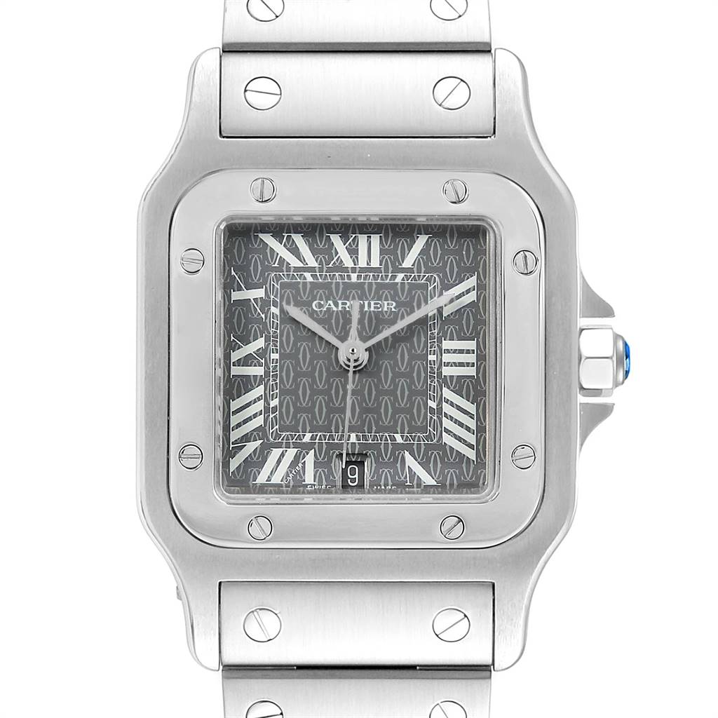 The image shows the dial and part of the stainless steel bracelet of the Cartier Santos W20061D6 Stainless Steel Grey Dial W20061D6 Stainless Steel Grey Dial watch, viewed from the front.