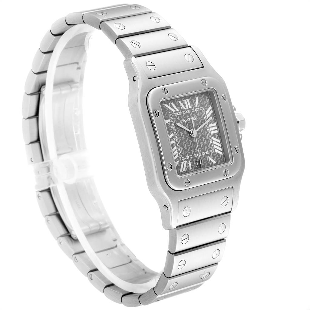 The Cartier Santos W20061D6 Stainless Steel Grey Dial W20061D6 Stainless Steel Grey Dial watch is shown at a three-quarter angle, highlighting the face, bezel, and part of the metal bracelet.