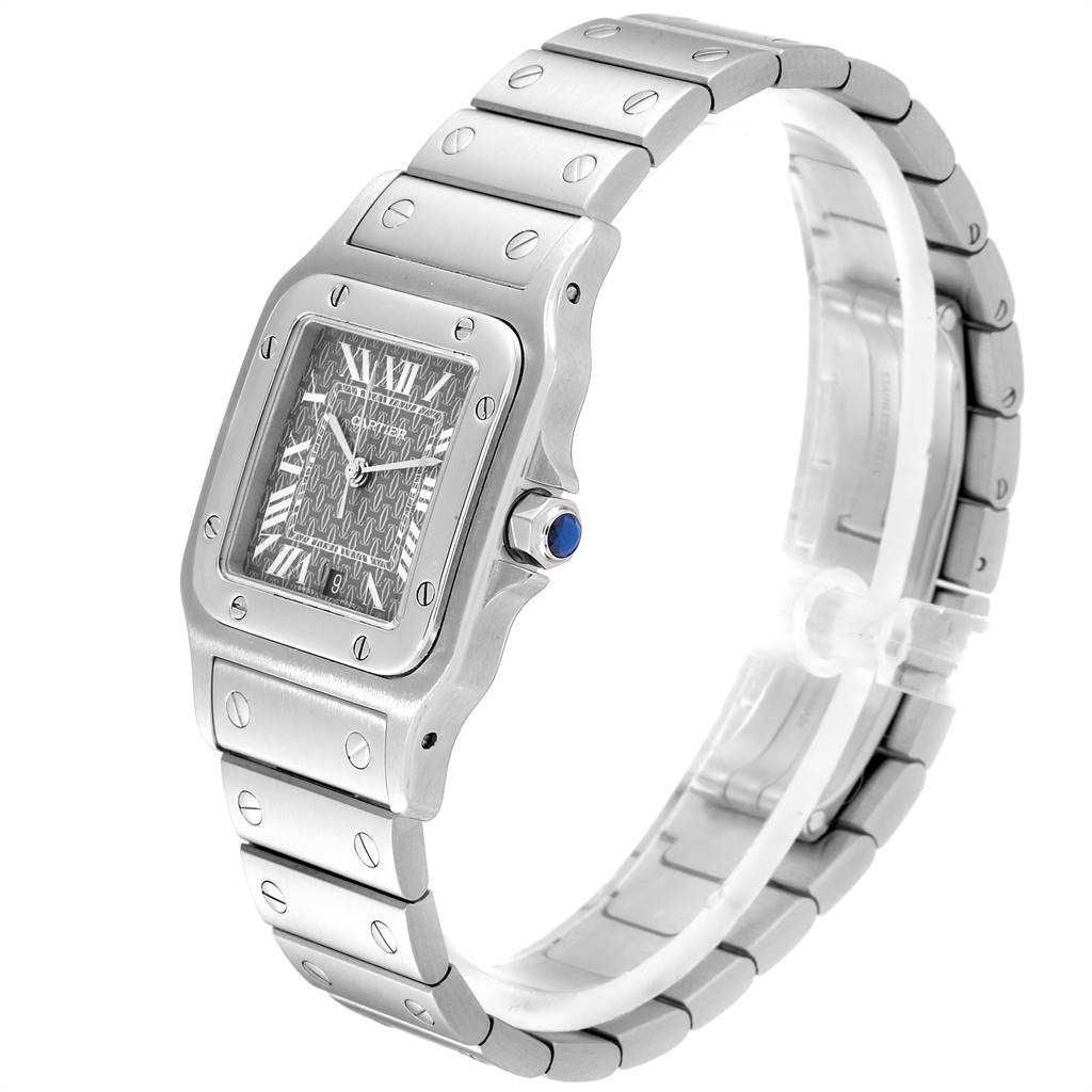 The image shows a Cartier Santos W20061D6 Stainless Steel Grey Dial W20061D6 Stainless Steel Grey Dial watch at an angled frontal view, highlighting the face, bezel, crown, and bracelet.
