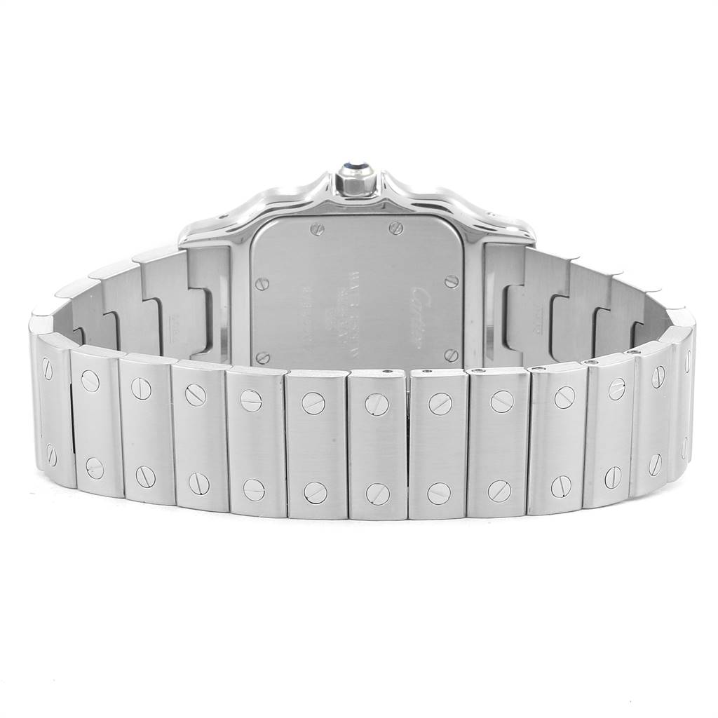 The image shows a rear view of the Santos model by Cartier, featuring the case and metal bracelet with screws.