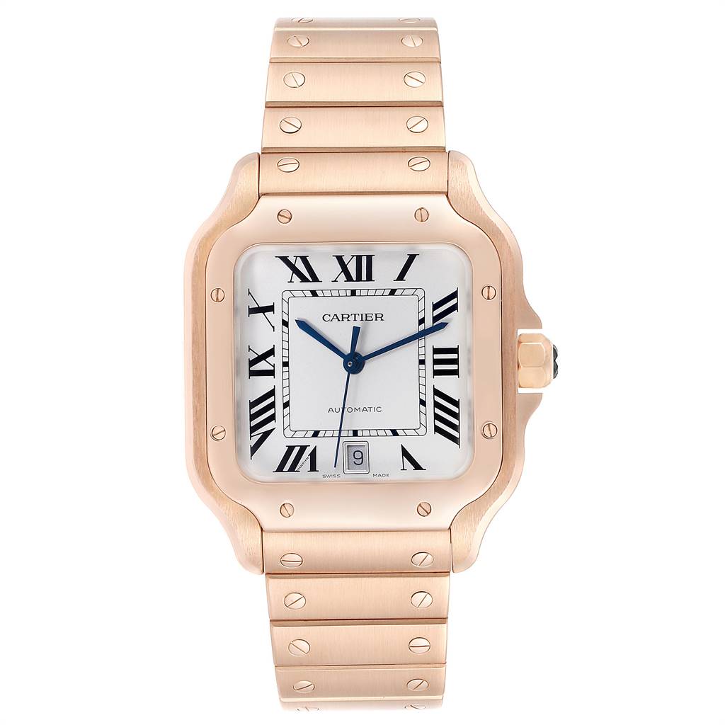 The image shows a front view of a Cartier Santos WGSA0007 Men's Rose Gold Silver Dial WGSA0007 Men's Rose Gold Silver Dial watch with a gold case and bracelet, white dial, and Roman numerals.