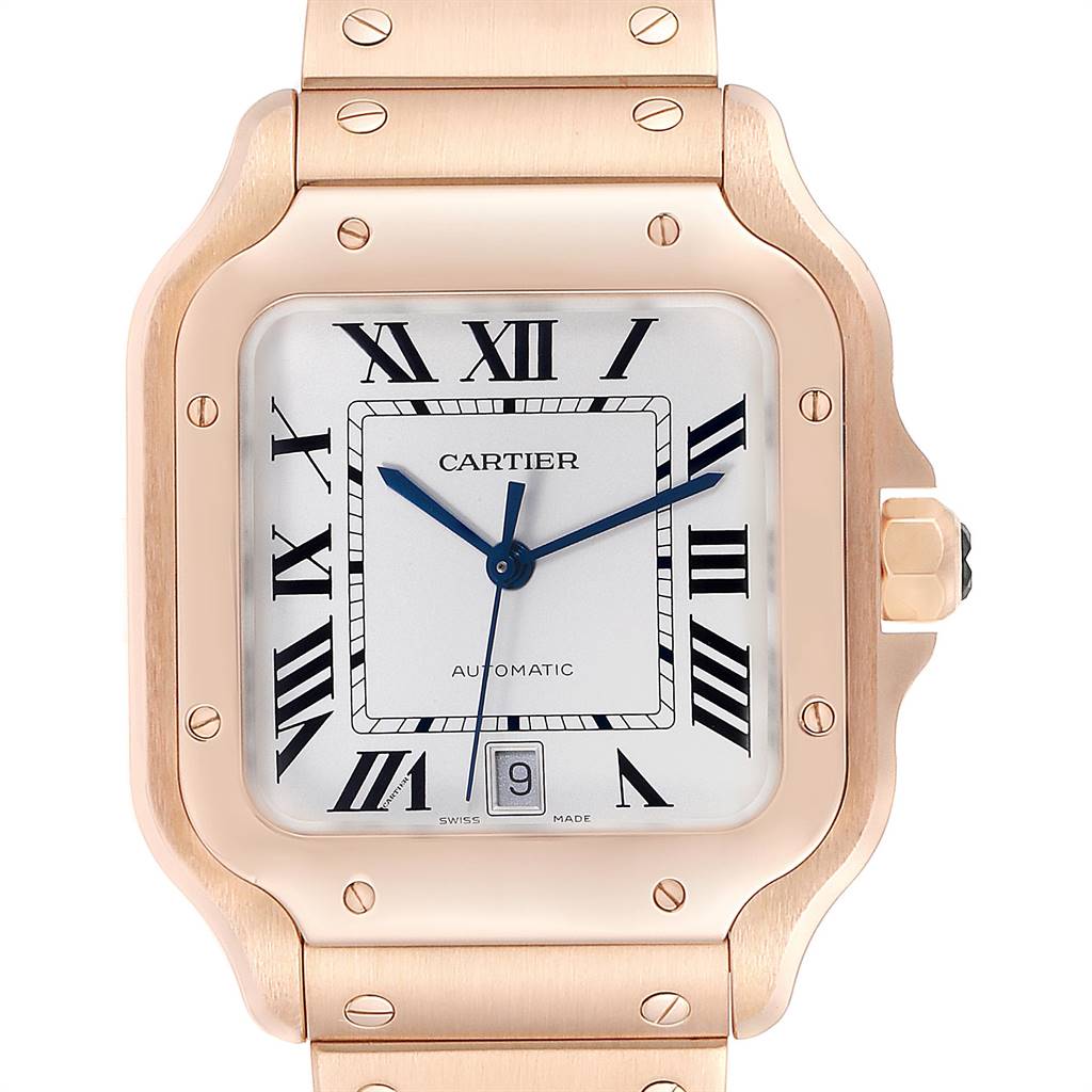 This image shows a Cartier Santos WGSA0007 Men's Rose Gold Silver Dial WGSA0007 Men's Rose Gold Silver Dial watch face and part of the bracelet, taken from a front angle.