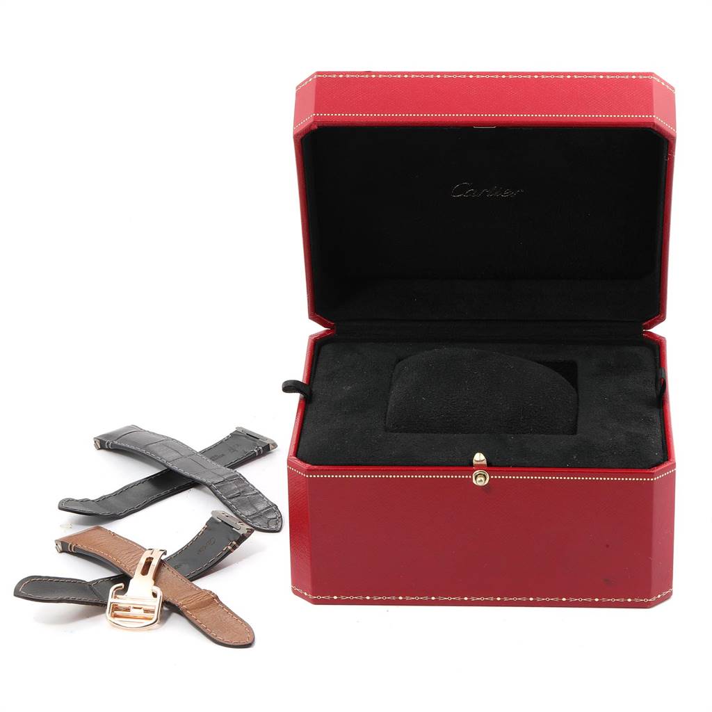 The image shows a Cartier Santos WGSA0007 Men's Rose Gold Silver Dial WGSA0007 Men's Rose Gold Silver Dial watch box with two extra straps displayed outside.