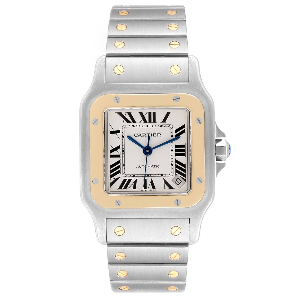 The image shows the front view of a Cartier Santos W20099C4 Stainless Steel Silver Dial W20099C4 Stainless Steel Silver Dial watch, highlighting its square face, Roman numeral dial, and metal bracelet with gold screws.