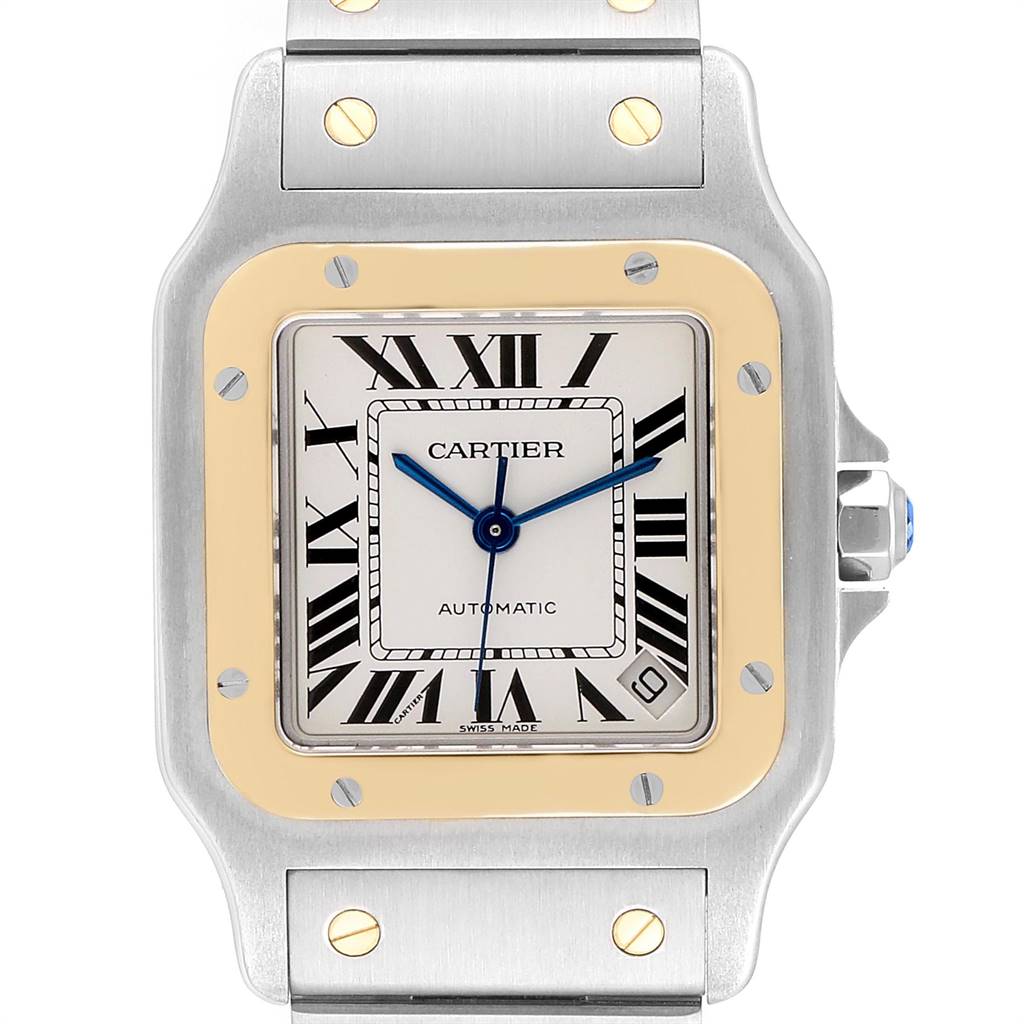 This image shows a front view of a Cartier Santos W20099C4 Stainless Steel Silver Dial W20099C4 Stainless Steel Silver Dial watch, highlighting its square face, Roman numerals, and metal bracelet with screws.