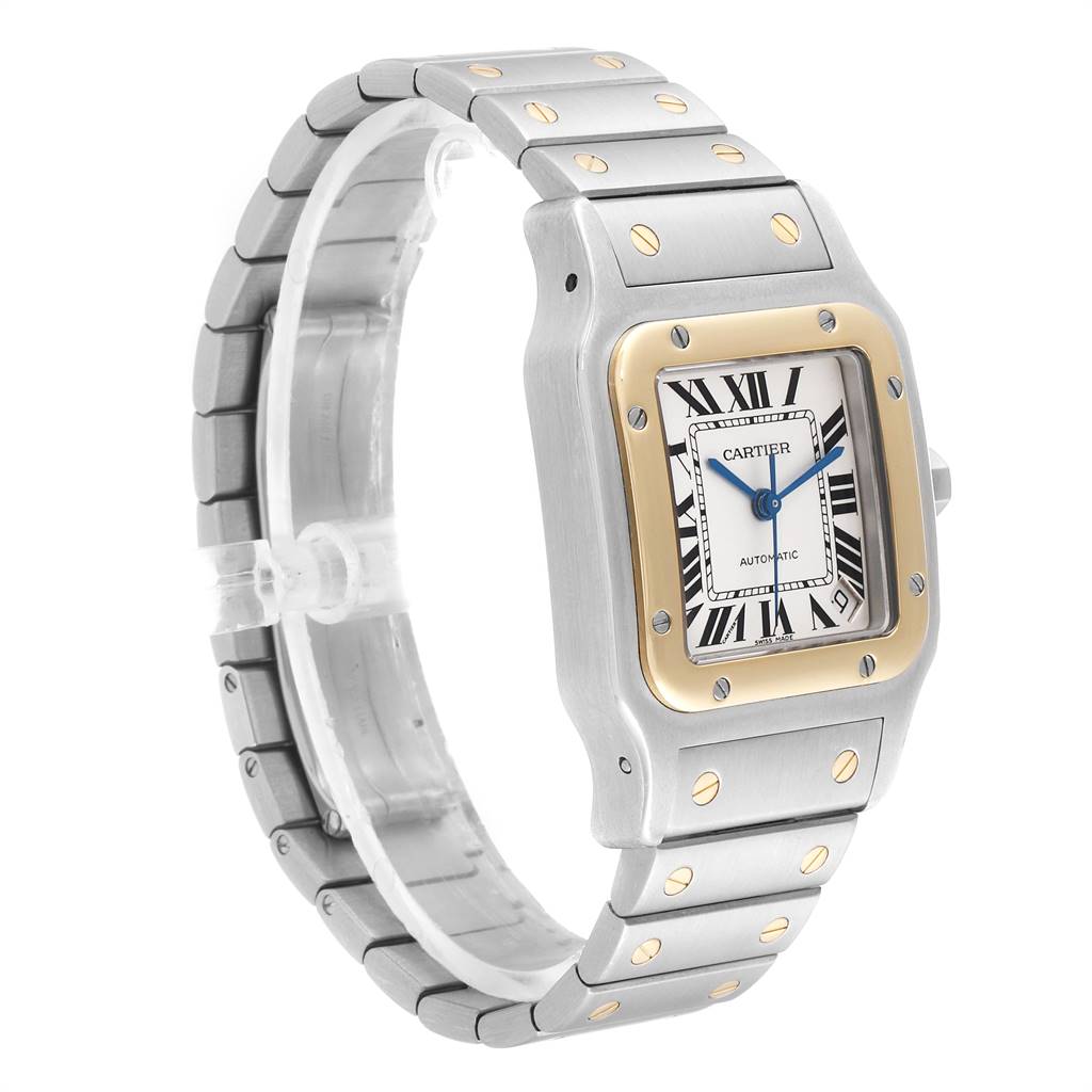 The image shows a slight left-side angle of the Cartier Santos W20099C4 Stainless Steel Silver Dial W20099C4 Stainless Steel Silver Dial watch, highlighting the bezel, dial, and bracelet.