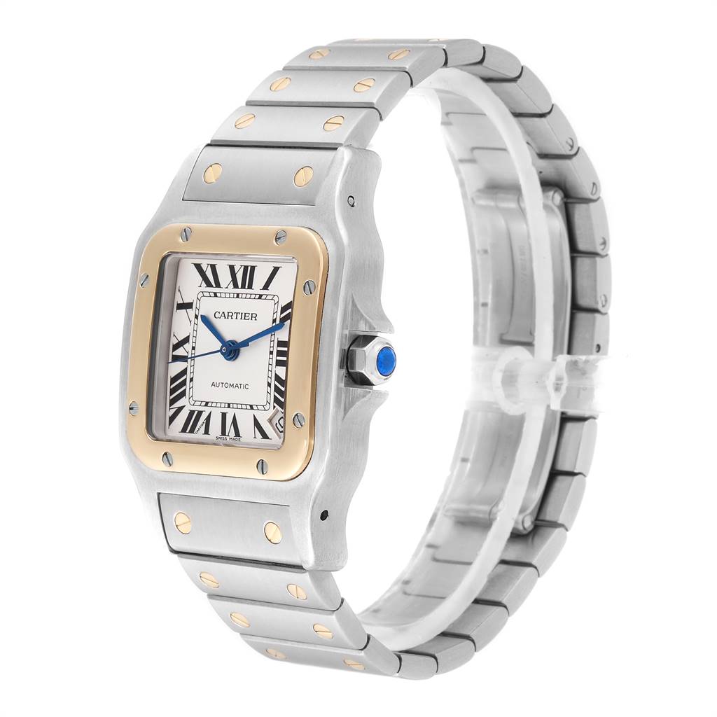 The Cartier Santos W20099C4 Stainless Steel Silver Dial W20099C4 Stainless Steel Silver Dial model watch is shown at an angled side view, highlighting its bezel, bracelet, and crown.