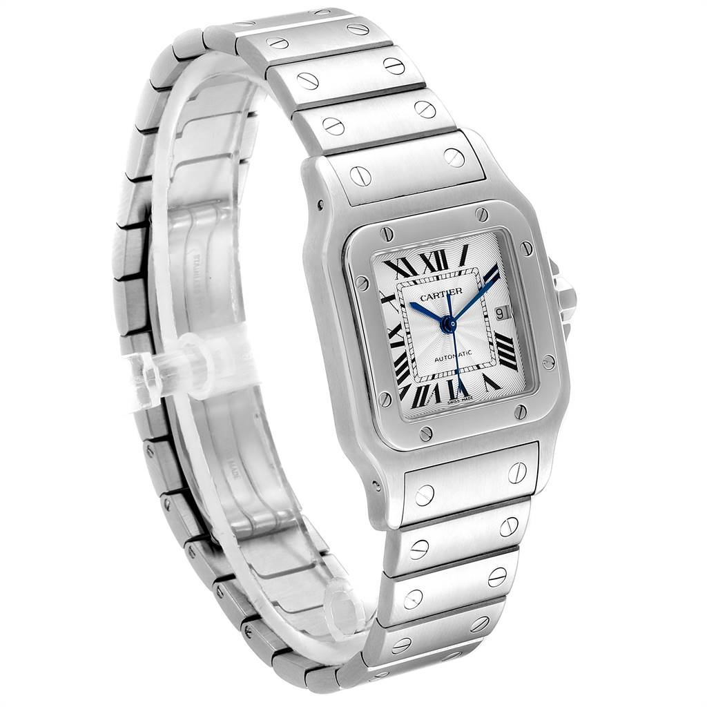 The image shows a Santos model watch by Cartier, captured at an angled side view, displaying the face, bezel, and metal bracelet.