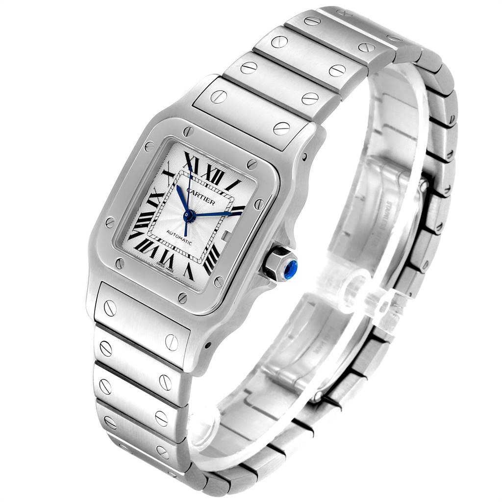 This Cartier Santos W20055D6 Men
s Silver Dial W20055D6 Men
s Silver Dial watch is shown from an angled view, displaying the front face and metallic band.